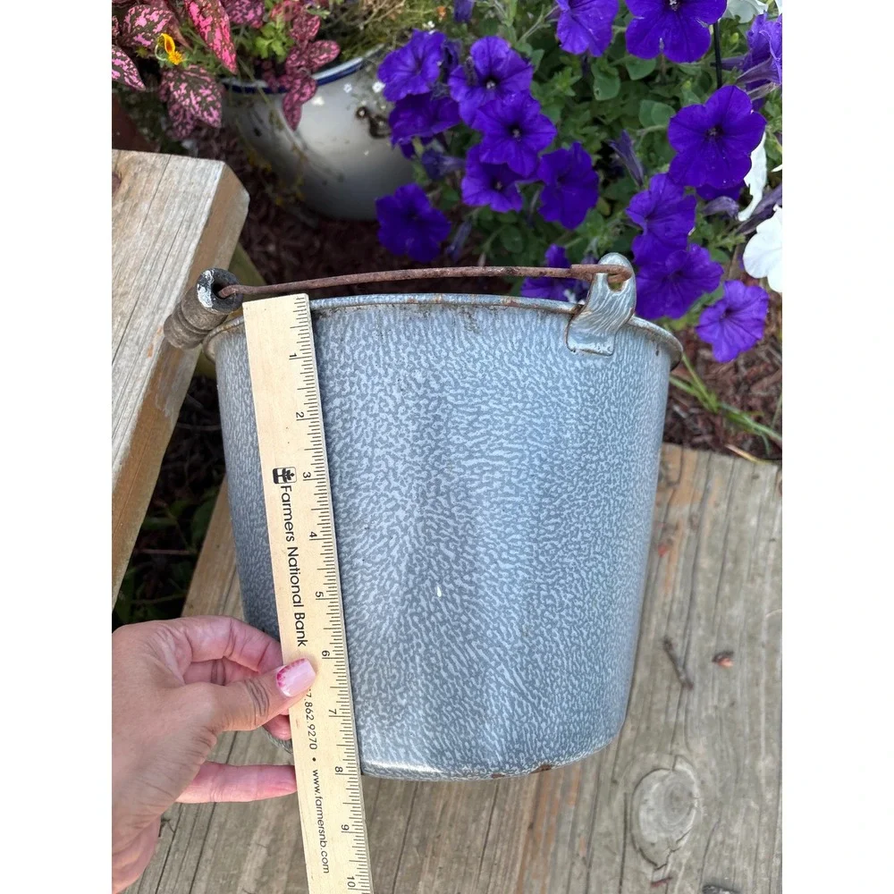 Vintage Granite Enamelware Bucket Wire Bail Wood Handle Farmhouse Pail Planter